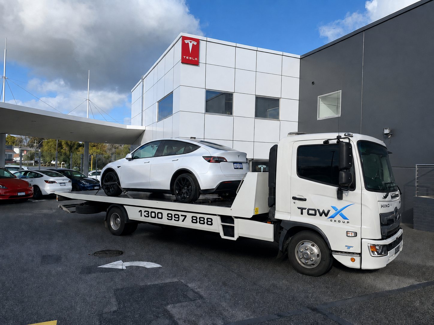 Tow X Group tilt tray truck transporting a white Tesla in front of a Tesla service centre