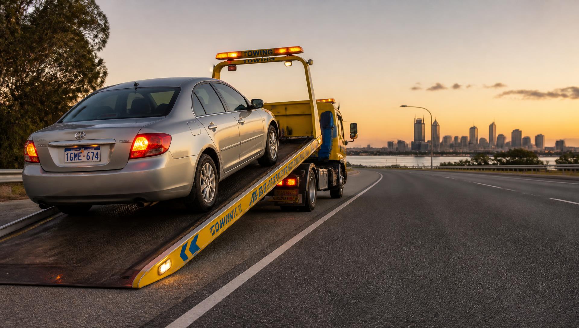 Tilt tray tow truck loading a car on a Perth freeway at dusk